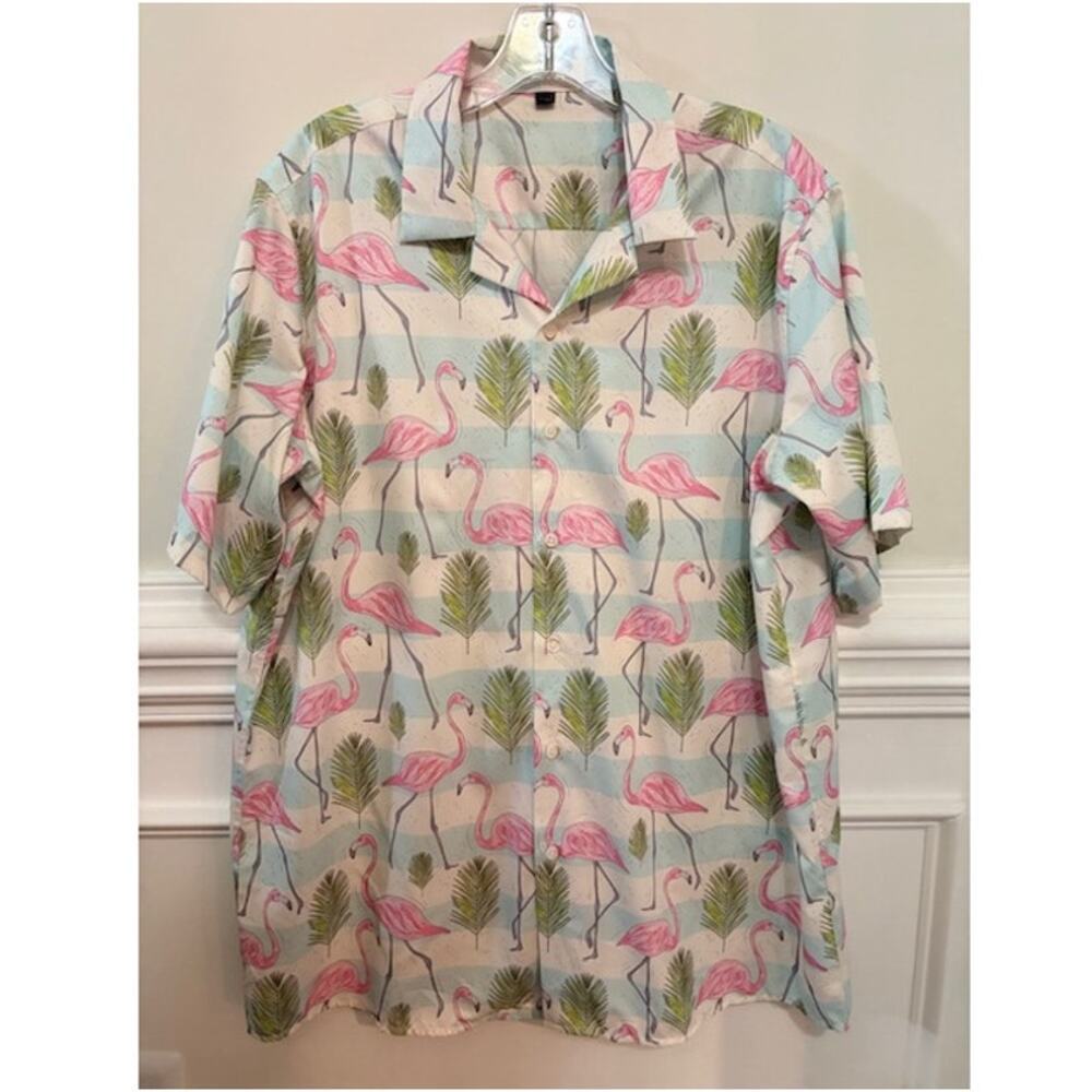 Men’s Hawaiian Shirt Large Tropical Flamingo Button Down Resort Vacation Cruise